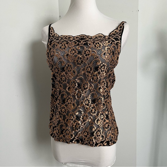 Vintage Black & Gold Lace Camisole ✨ Y2K Sheer Floral Top L - Picture 3 of 6